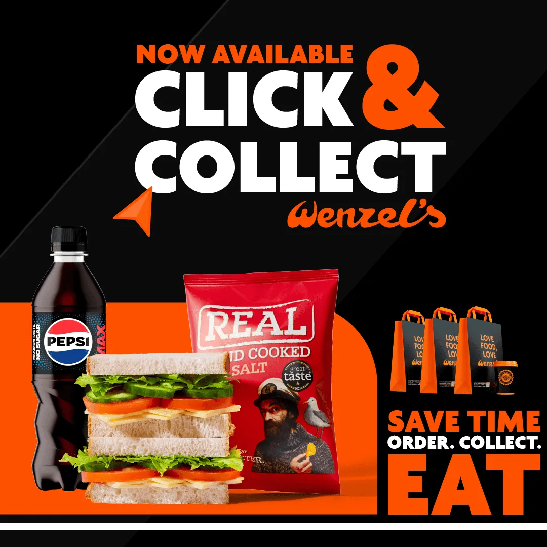 Wenzel’s Click & Collect products including a bottle of Pepsi, Cheese Salad Bloomer Sandwich and Real hand-cooked ready salted crisps
