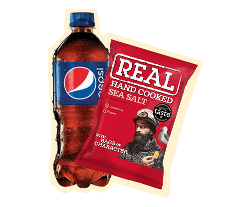 A bottle of Pepsi and pack of Real Ready Salted Crisps