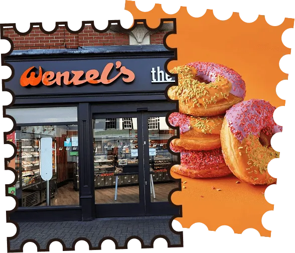 A Wenzel’s storefront and a stack of Wenzel’s iced donuts