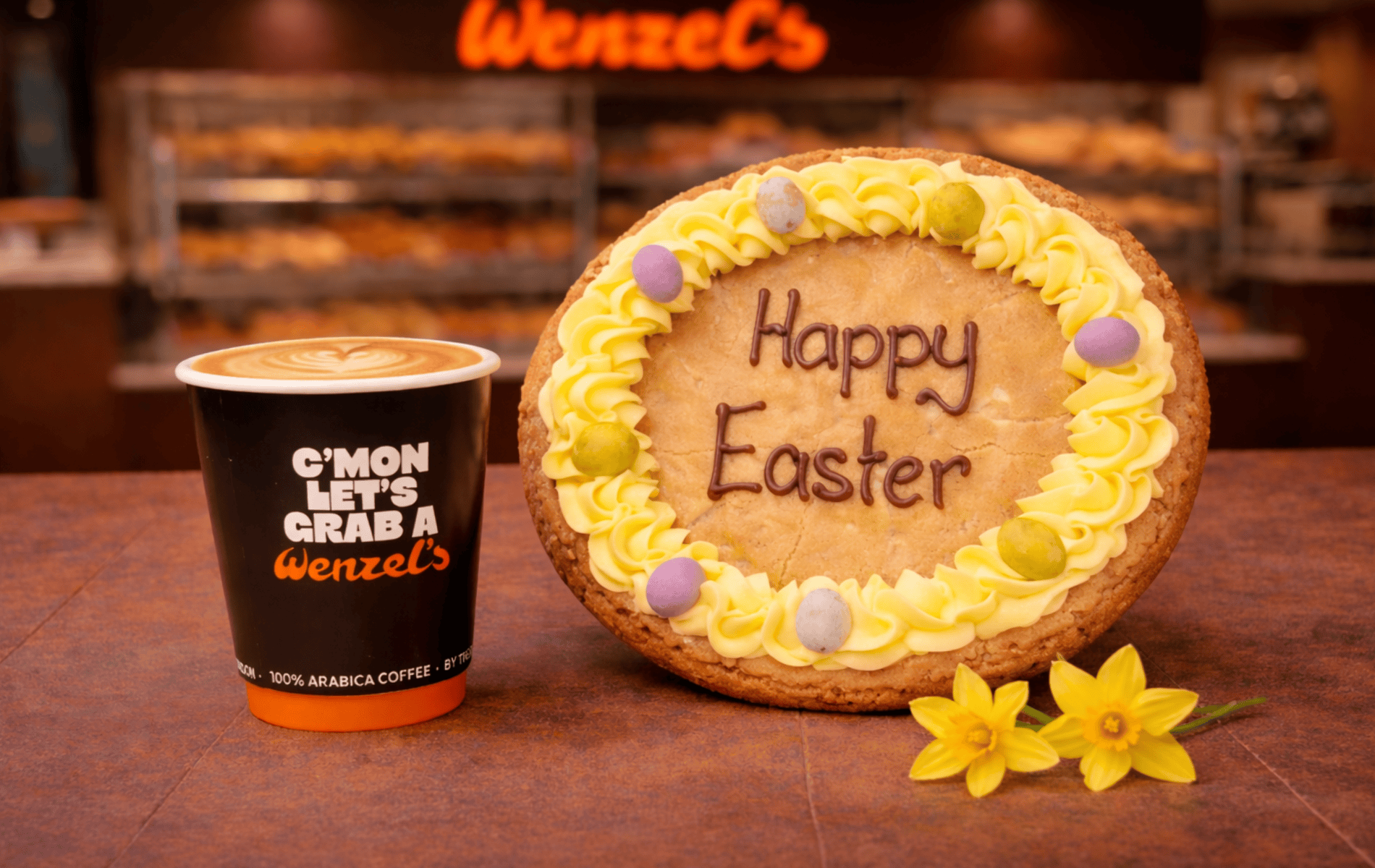 Wenzel’s Easter Cookie displayed beside a Wenzel’s Latte