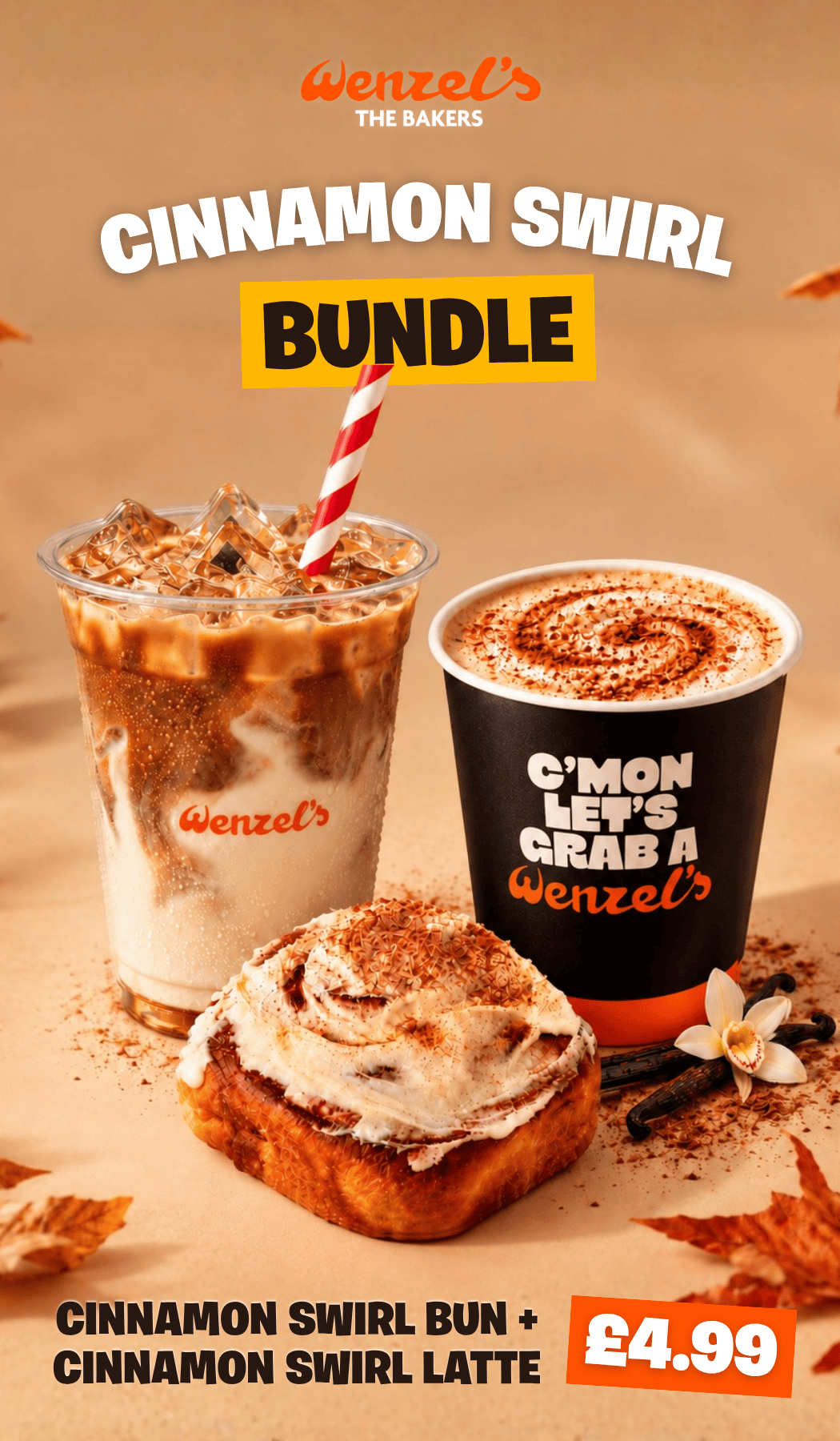 Iced cinnamon swirl latte, a cinnamon swirl latte and a cinnamon bun